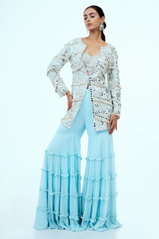 Ice Blue Raw Silk Palazzo Suit with Mirror Work