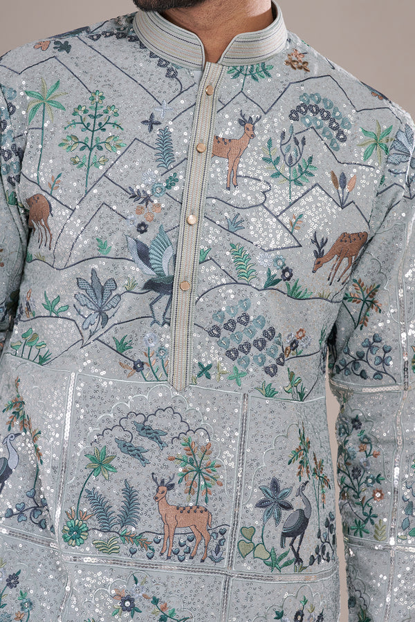 Ice Blue Silk Men's Kurta Set with Forest Motifs