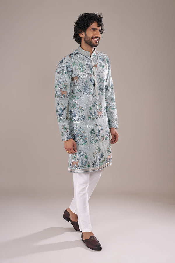 Ice Blue Silk Men's Kurta Set with Forest Motifs