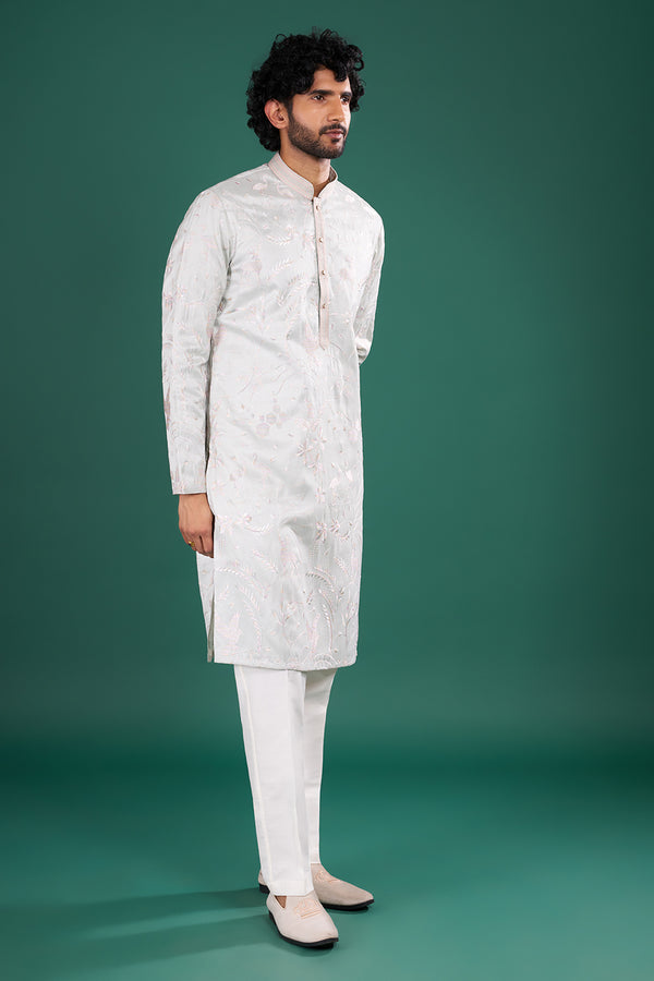 Ice Grey Men's Embroidered Silk Blend Kurta Set