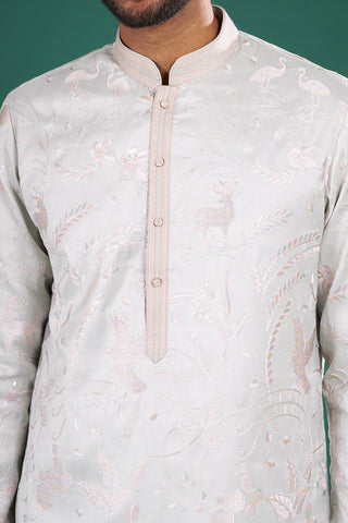 Ice Grey Men's Embroidered Silk Blend Kurta Set