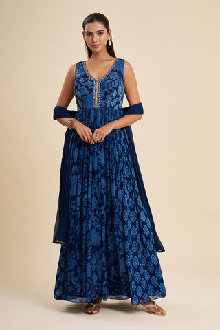 Indigo Blue Chinon Anarkali Set with Ajrakh Work