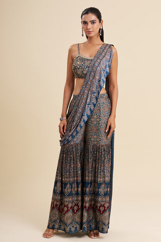 Indigo Blue Satin Modal Fusion Set with Ajrakh Work