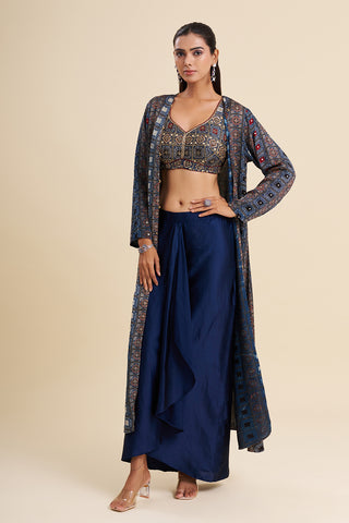 Indigo Blue Satin Modal Indo-Western Set with Ajrakh Work