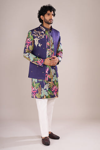 Indigo Men's Silk Blend Printed Kurta Set with Embroidered Nehru Jacket