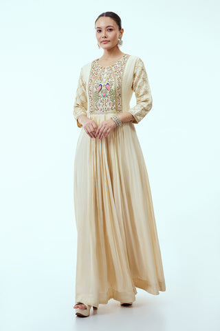 Ivory Anarkali with Multicoloured Peacock Embroidery