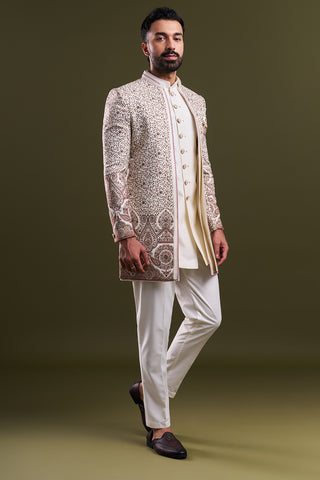 Ivory Art Silk Embroidered Men’s Indo-Western Set