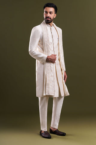 Ivory Art Silk Embroidered Sherwani