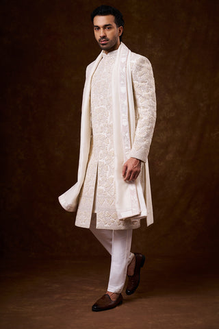 Ivory Art Silk Groom’s Sherwani with Threadwork