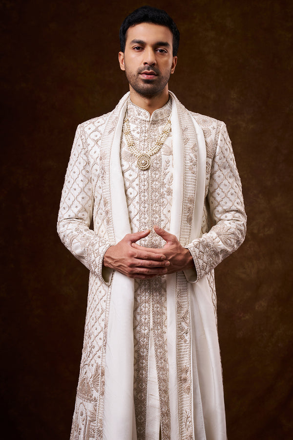 Ivory Art Silk Groom’s Sherwani with Zari Work