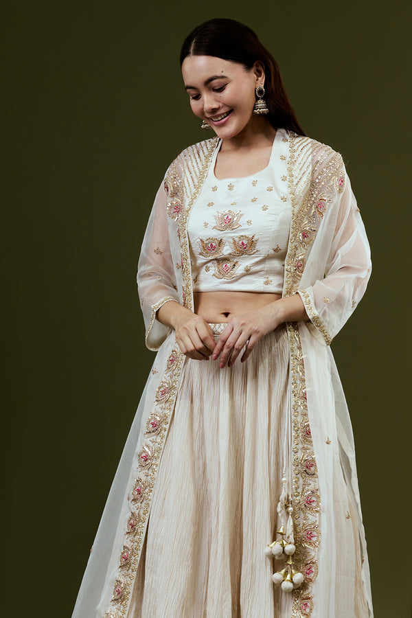 Ivory Art Silk Jacket Set with Zardosi and Gota Work