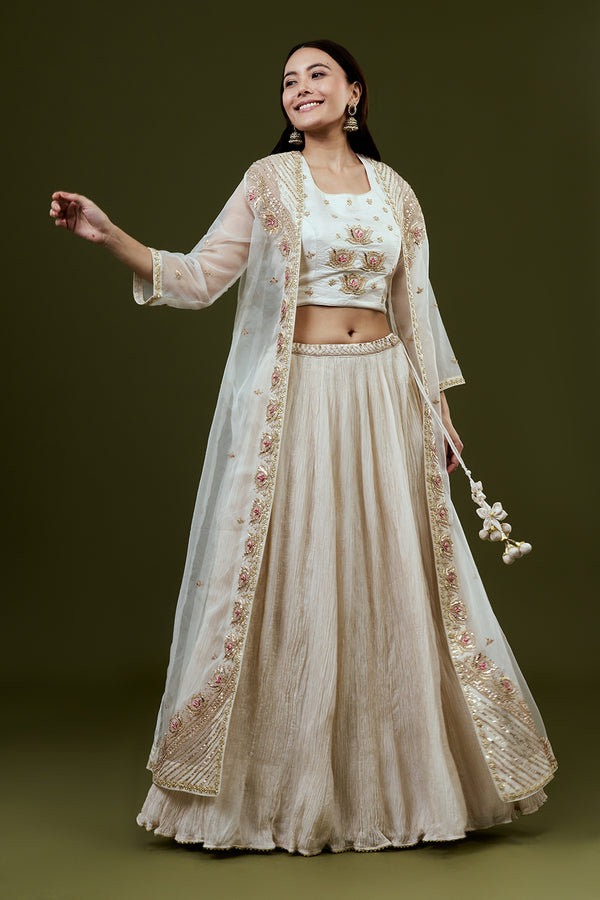 Ivory Art Silk Jacket Set with Zardosi and Gota Work