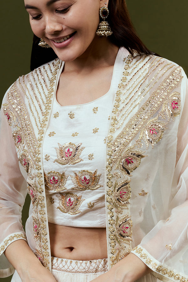 Ivory Art Silk Jacket Set with Zardosi and Gota Work