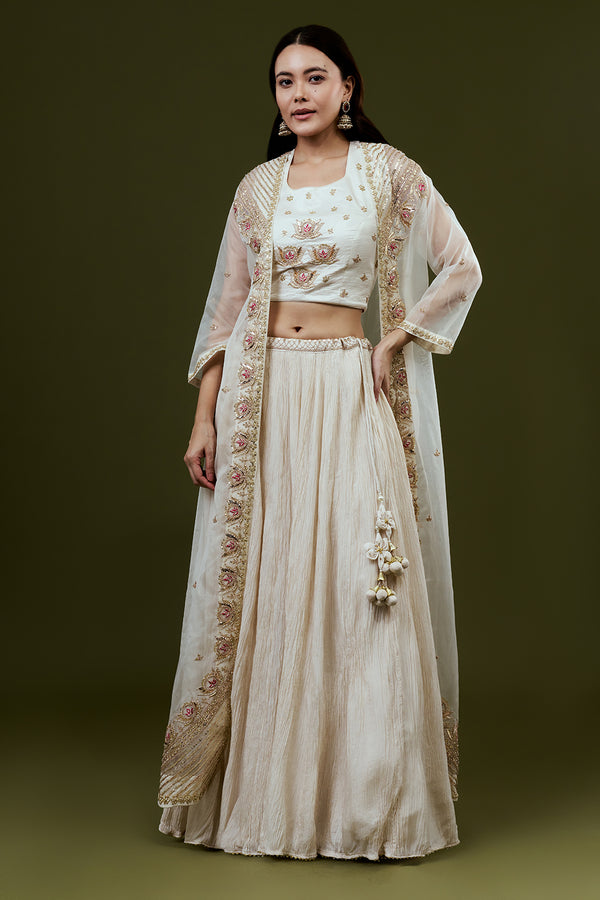 Ivory Art Silk Jacket Set with Zardosi and Gota Work