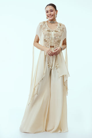 Ivory Chinon Indo Western Palazzo Set with Moti and Sequin