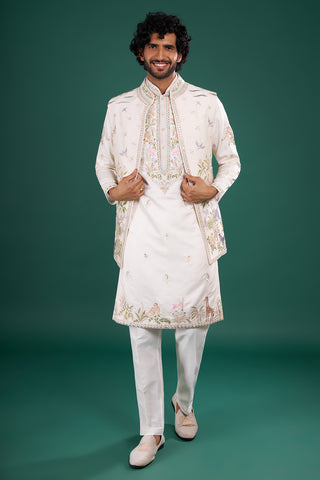 Ivory Cream Embroidered Silk Blend Kurta Set with Open Jacket