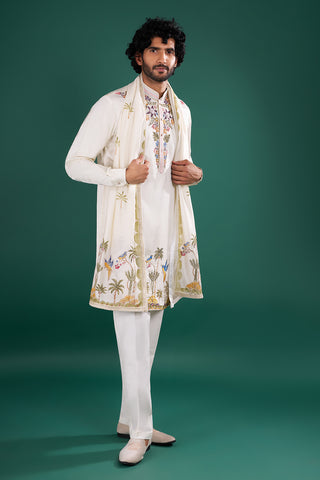 Ivory Cream Floral Embroidered Silk Blend Kurta Set with Dupatta