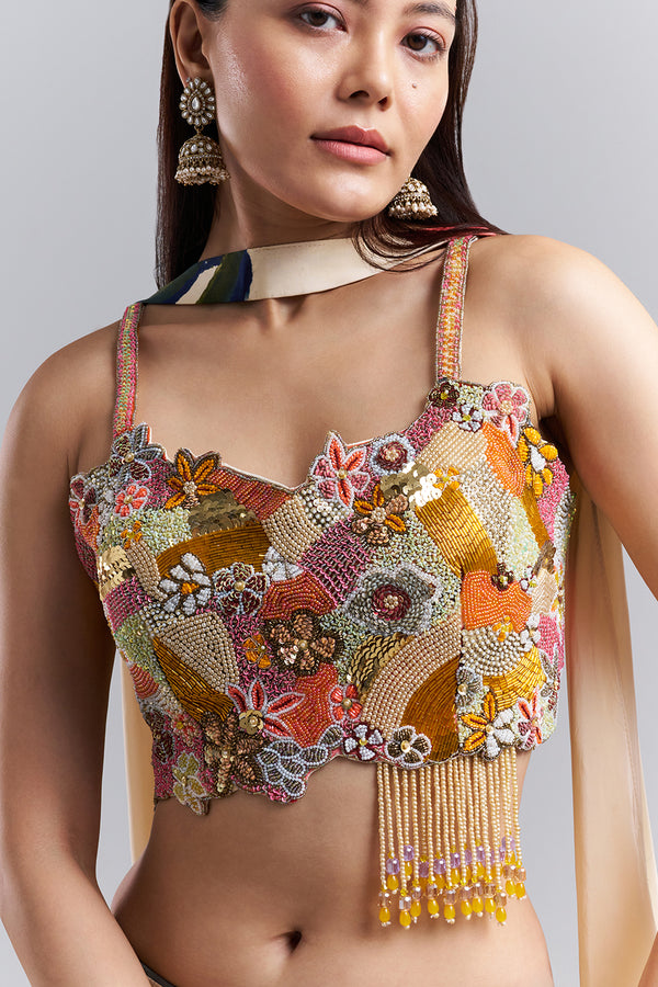 Ivory Floral Printed Lehenga Set with Embellished Blouse