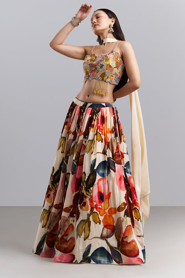 Ivory Floral Printed Lehenga Set with Embellished Blouse