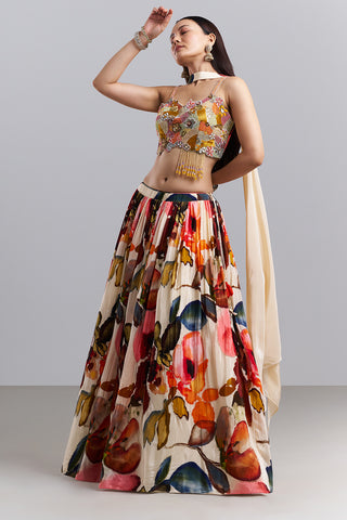 Ivory Floral Printed Lehenga Set with Embellished Blouse