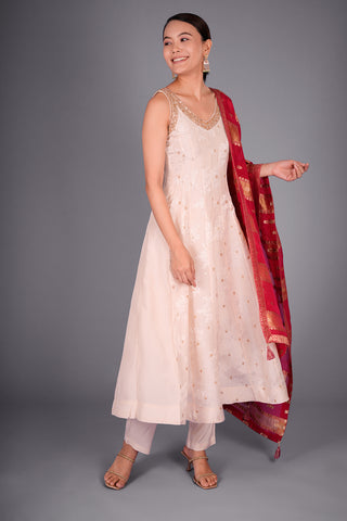 Ivory Gold Shimmer Zari Brasso Brocade Anarkali Set with Hand Embroidery