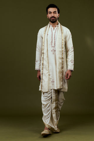 Ivory Kurta Dhoti Set with Temple Motif Embroidery and Golden Bordered Dupatta