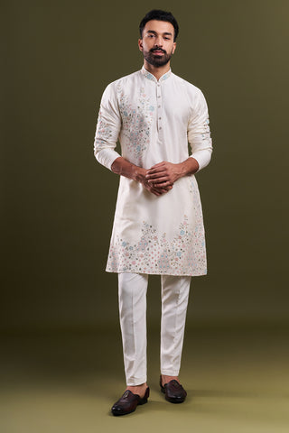 Ivory Linen Satin Embellished Men’s Kurta Set
