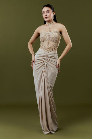 Ivory Lycra Indo Western Set with Pearl and Stone Embellishments