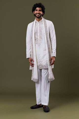 Ivory Polyester Cotton Bead Kurta Set with Stole