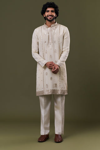 Ivory Polyester Cotton Resham Zari Embellished Kurta Set