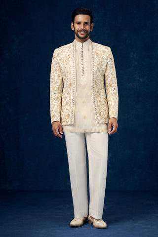 Ivory Premium Crepe Mens Jodhpuri Set with Resham and Mirror Work