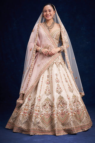Ivory Raw Silk Bridal Lehenga with Cutdana and Zari Work