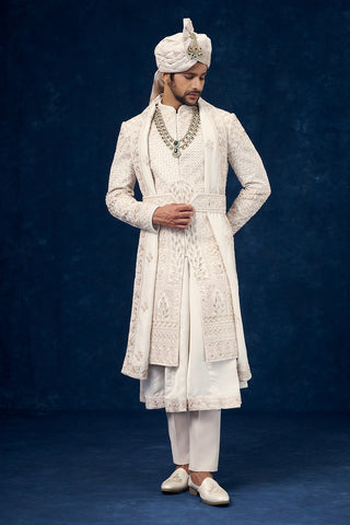 Ivory Raw Silk Embroidered Groom Sherwani with Cutwork and Sequin Work