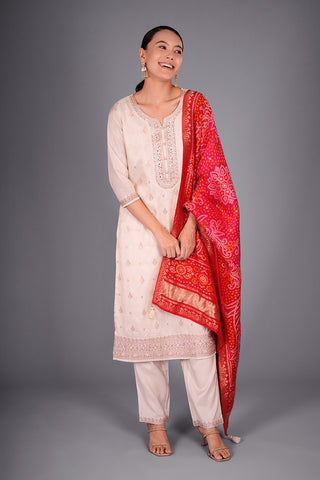 Ivory Self Jacquard Kurta Set with Zari and Mirror Work