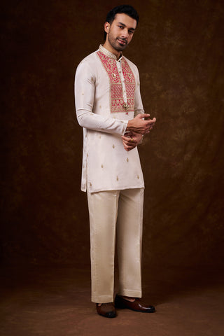 Ivory Shimmer Georgette Men's Kurta Set with Zari Work