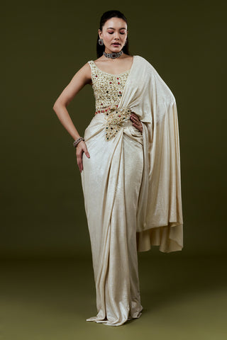 Ivory Shimmer Lycra Ready Pleated Saree with Rhinestone and Pearl Embellishments