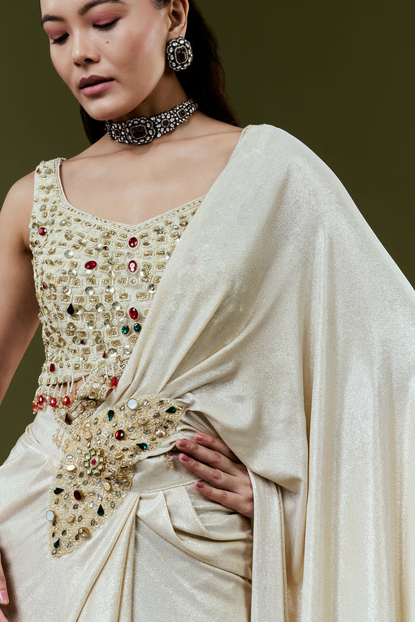 Ivory Shimmer Lycra Ready Pleated Saree with Rhinestone and Pearl Embellishments