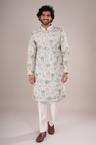 Ivory Silk Blend Men's Kurta Set with Forest-Inspired Threadwork