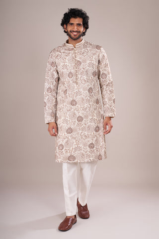 Ivory Silk Blend Men's Kurta Set with Nature-Inspired Threadwork