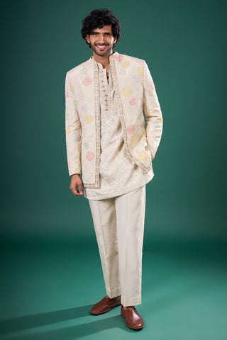 Ivory Raw Silk Bundi Jacket Set with Thread Work