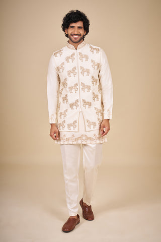 Ivory Silk Men Bundi Set with Zari Embroidery