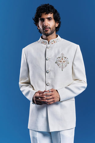 Ivory Silk Embroidered Bandhgala Set