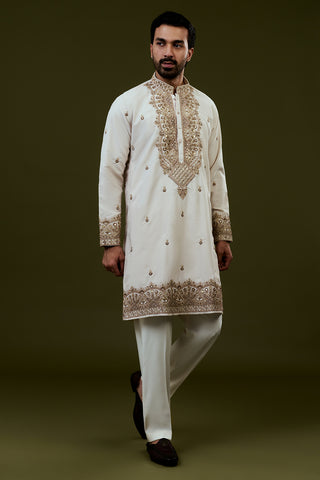 Ivory Silk Mens Kurta Set with Zardosi Work