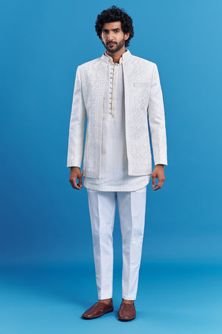 Ivory White Geometric Embroidered Men's Indo-Western Set