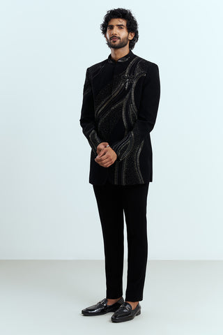 Jet Black Crystal Embellished Indo-Western Men's Suit Set