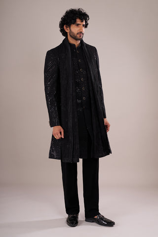 Jet Black Men's Silk Blend Indo-Western Set with Embroidered Stole