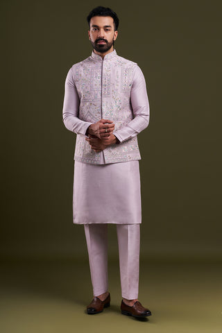 Lavender Art Silk Embellished Men's Kurta with Jacket
