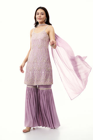 Lavender Chinon Sharara Set with Moti and Cutdana Work