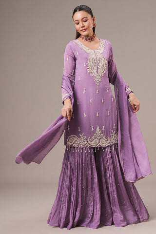 Lavender Chinon Sharara Suit with Pearl and Sequin Work