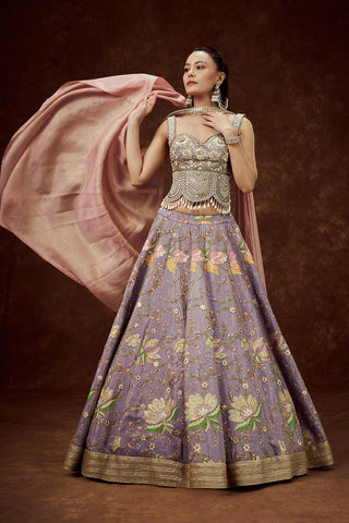Lavender Crepe Shimmer Lehenga with Floral Print and Zari Work